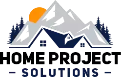 Logo for Home Project Solutions: a house silhouette, pine trees, and snow-capped mountains under an orange sun.