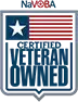NaVOBA Certified Veteran Owned logo featuring a stylized American flag design within a shield shape.