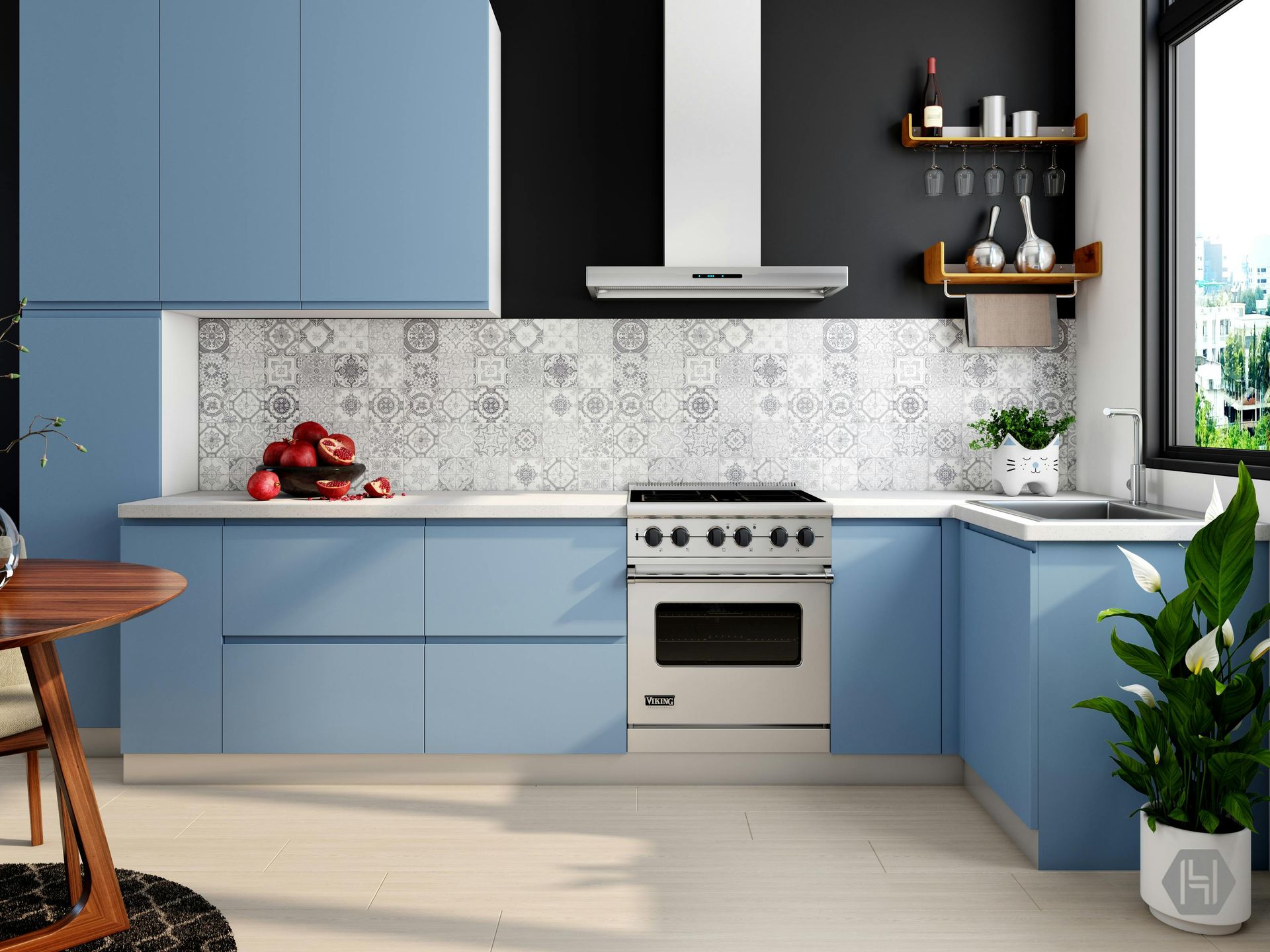 A modern kitchen featuring blue cabinets, white patterned tile backsplash, a stainless steel stove, and a houseplant.