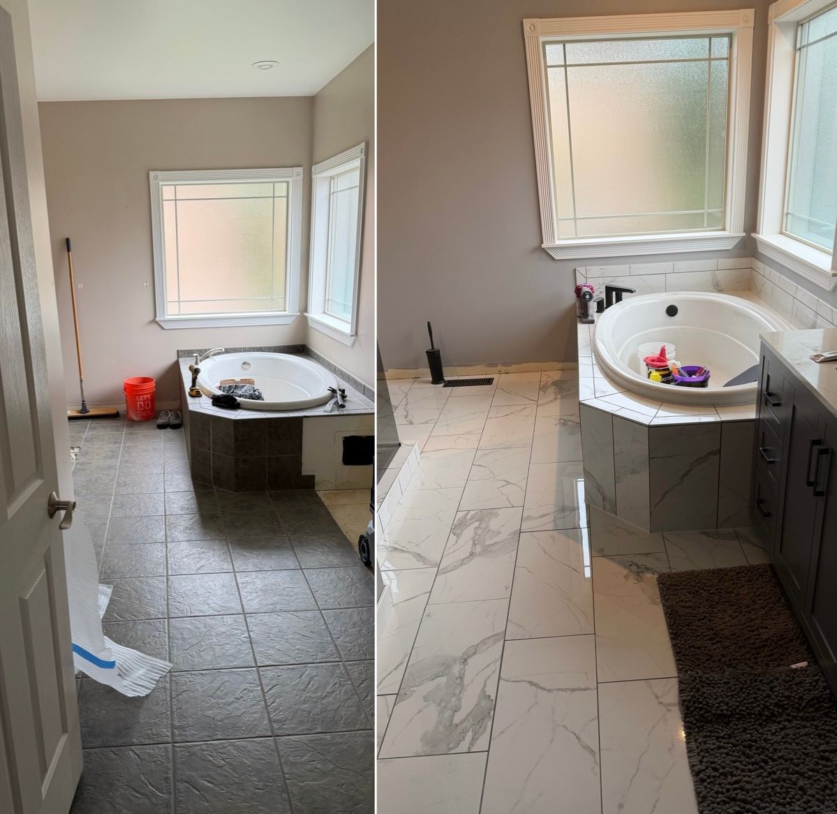 Bathroom renovation before and after: gray walls, jacuzzi, new white and gray tile floor, white cabinets.