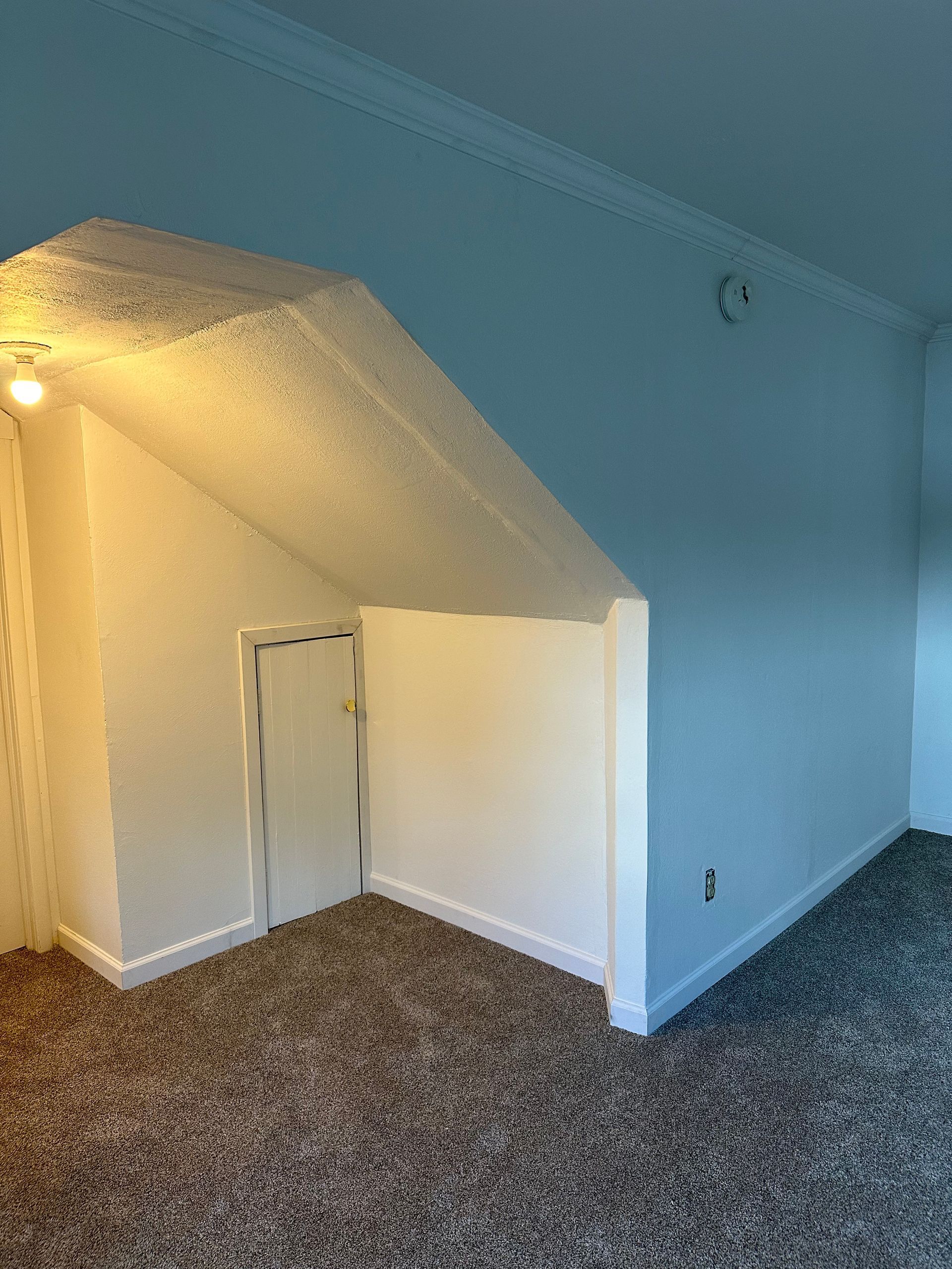Room with sloped ceiling, small door, beige walls, and brown carpet.