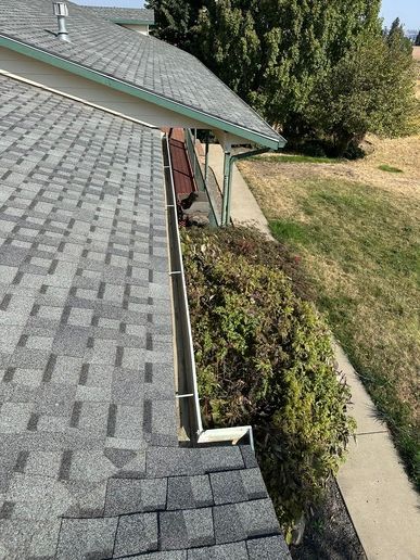 Roof with clogged gutter overflowing with debris, next to a green bush, sidewalk, and grass.
