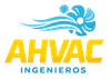 Logotipo de AHVAC Ingenieros con s&iacute;mbolo abstracto de ventilador azul y texto amarillo-azul sobre fondo blanco.