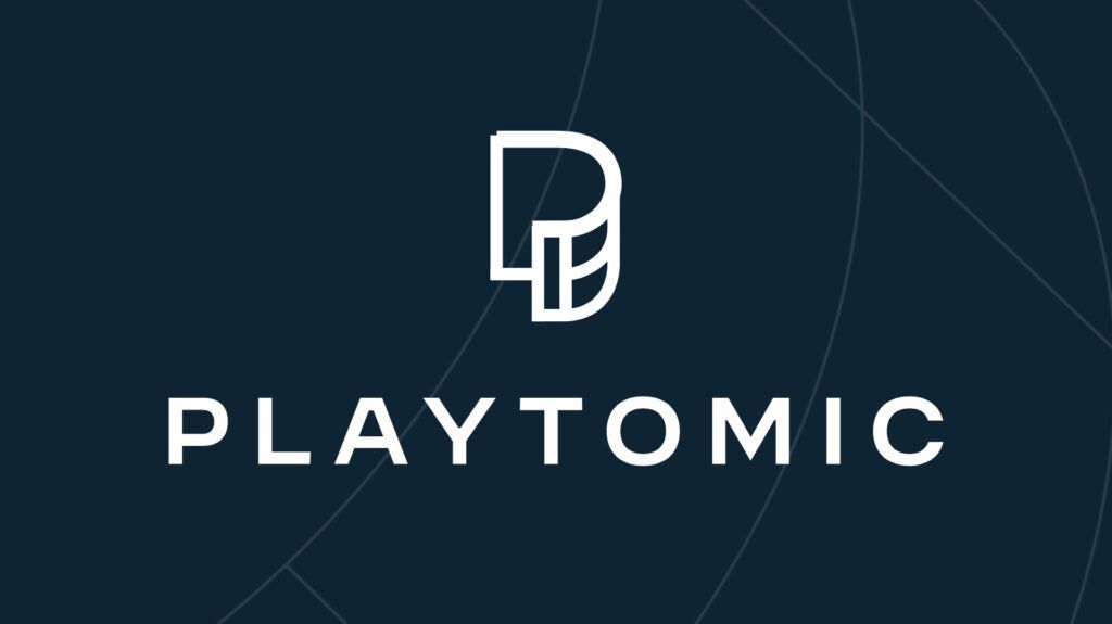 A logo for a company called playtonic on a dark blue background.