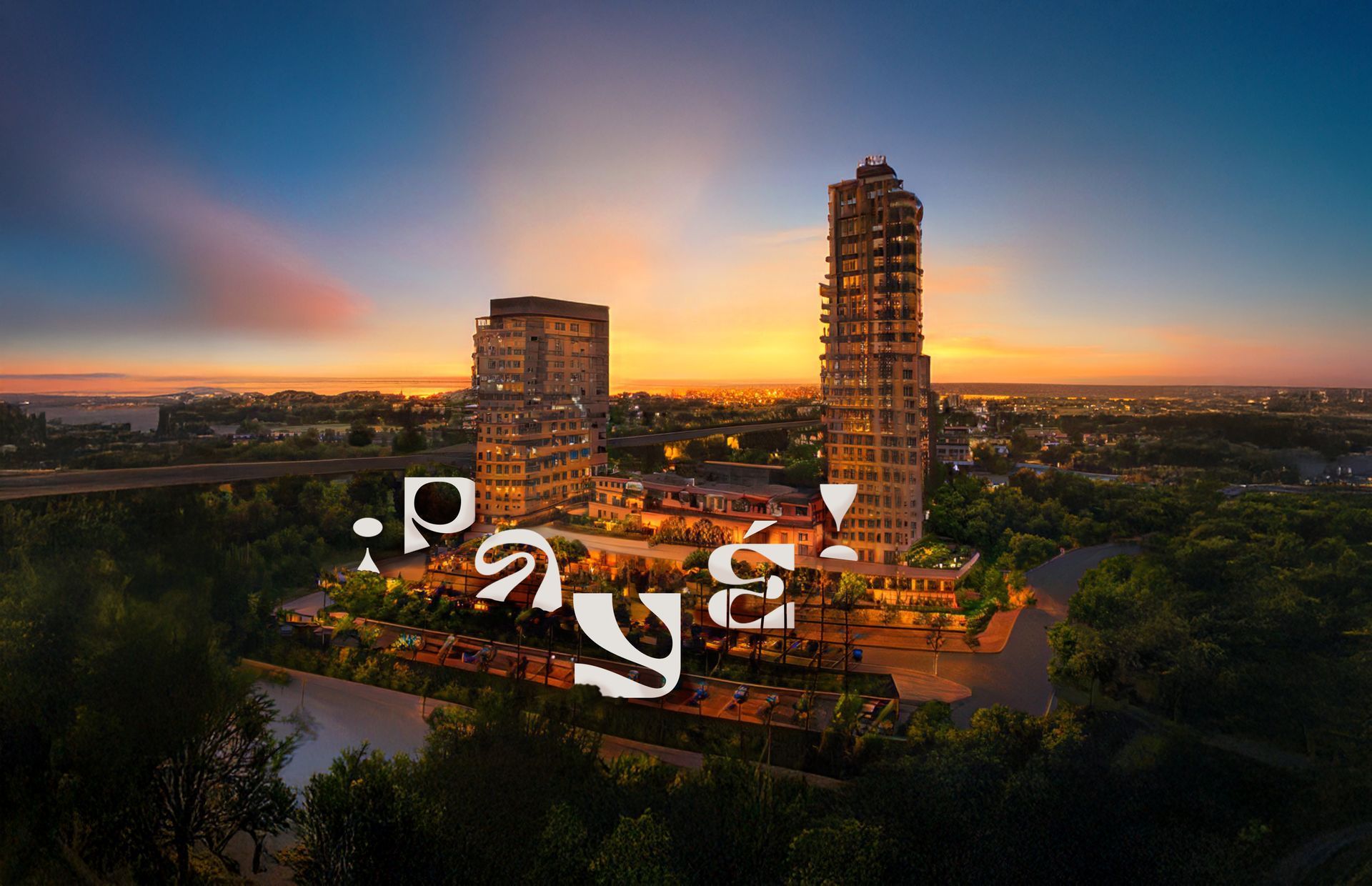 Dos edificios modernos de gran altura al anochecer con una superposición de logotipo.