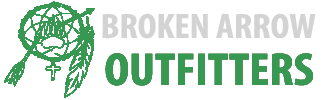 A green logo for broken arrow outfitters with a dream catcher and arrows.