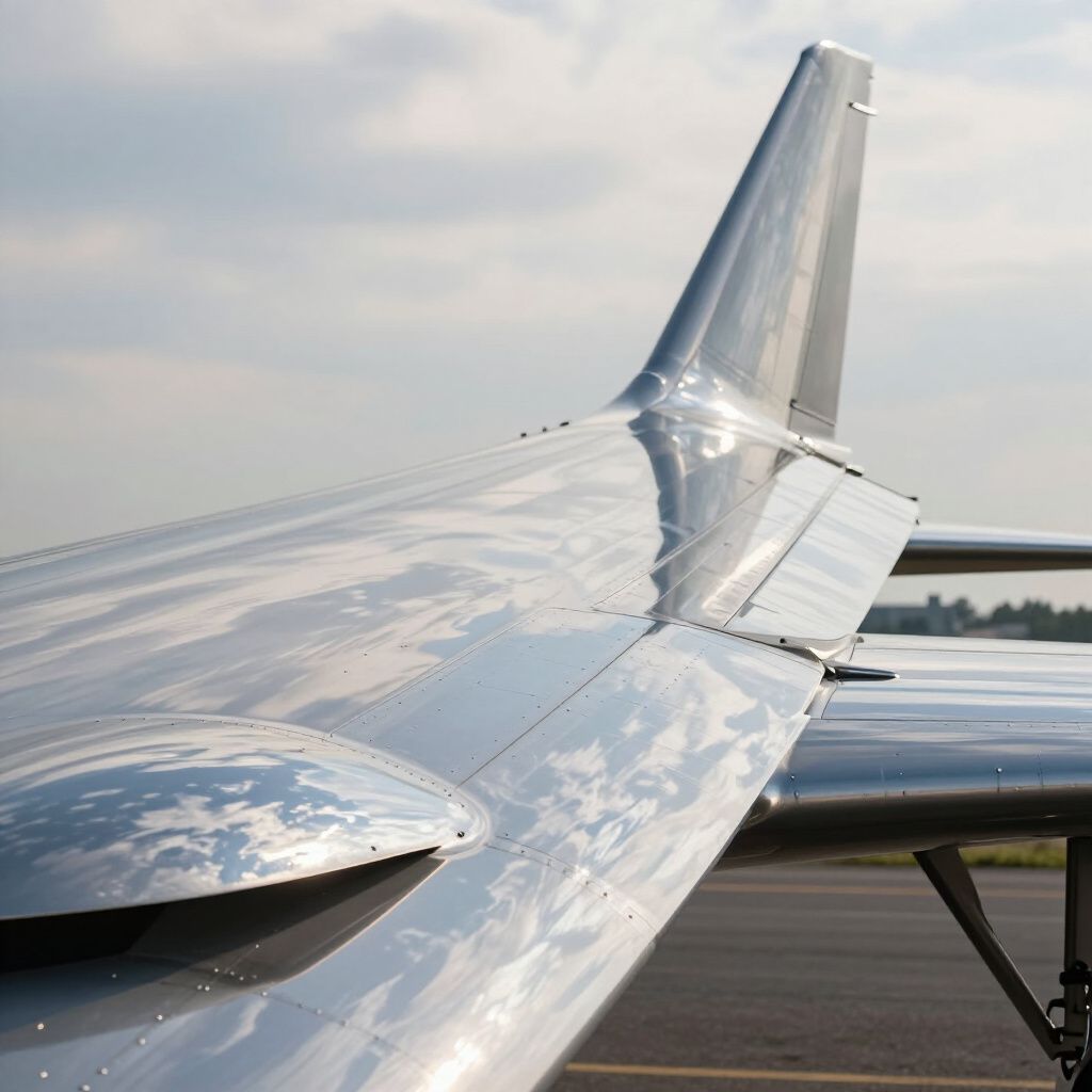 Shiny aircraft wing and tail fin, reflecting sky and ground.