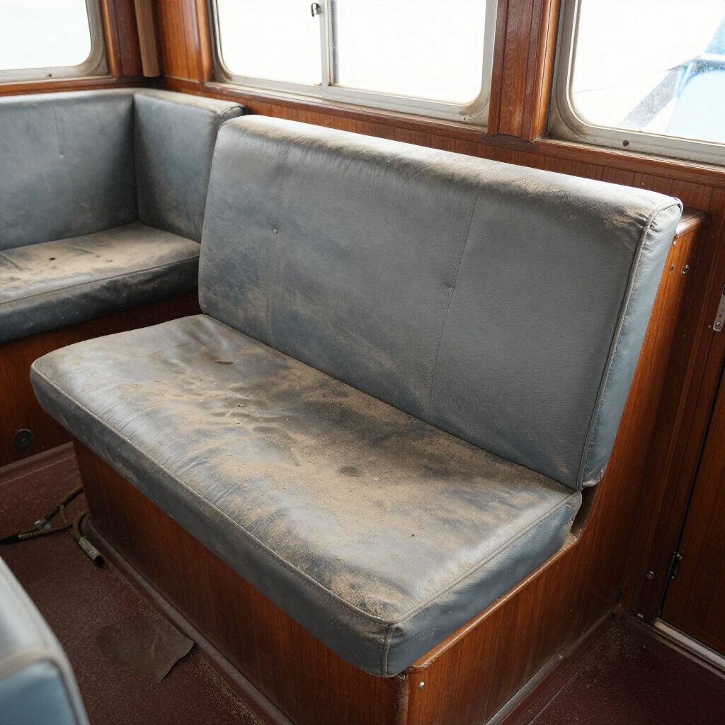 Boat seating with worn, dusty blue upholstery and wooden trim.