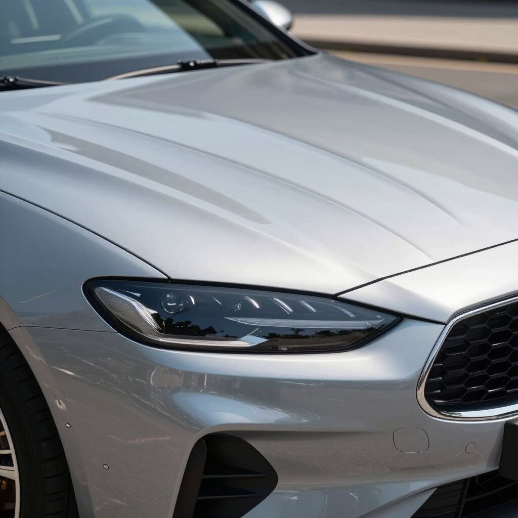 Silver car's front with headlight and hood. Close-up in daylight.