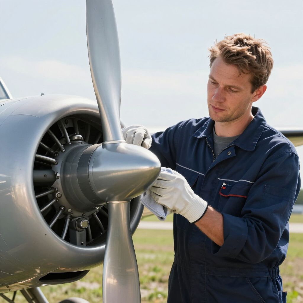 Mechanic in blue jumpsuit cleaning the propeller of a small plane outdoors.