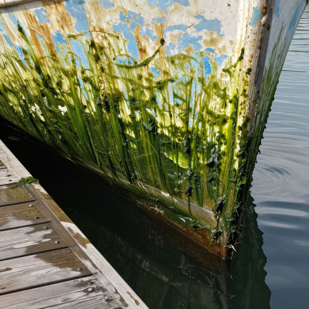 Bow of a blue and white boat covered in green algae, docked next to a wooden pier.