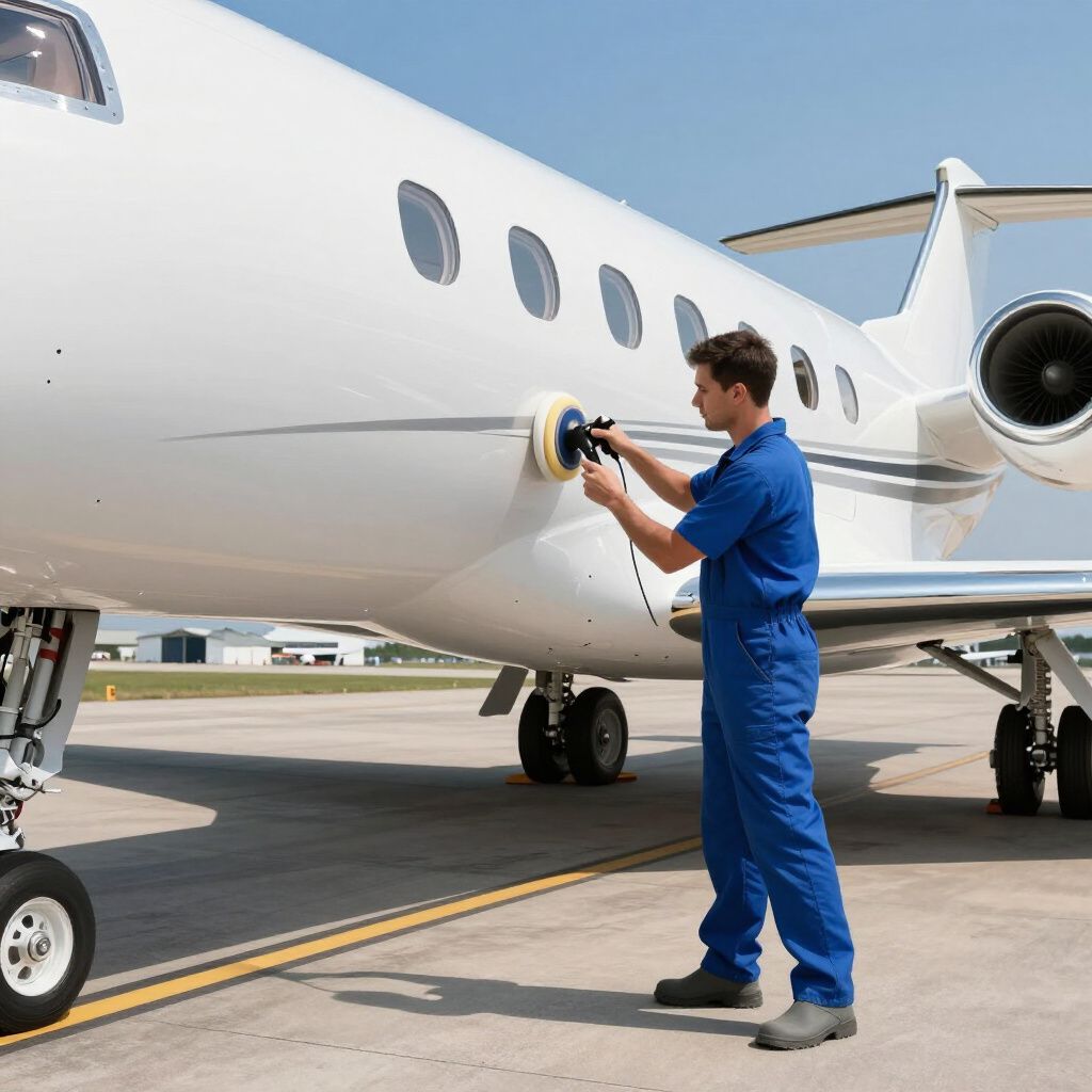 Man in blue coveralls polishing a white airplane on a tarmac.