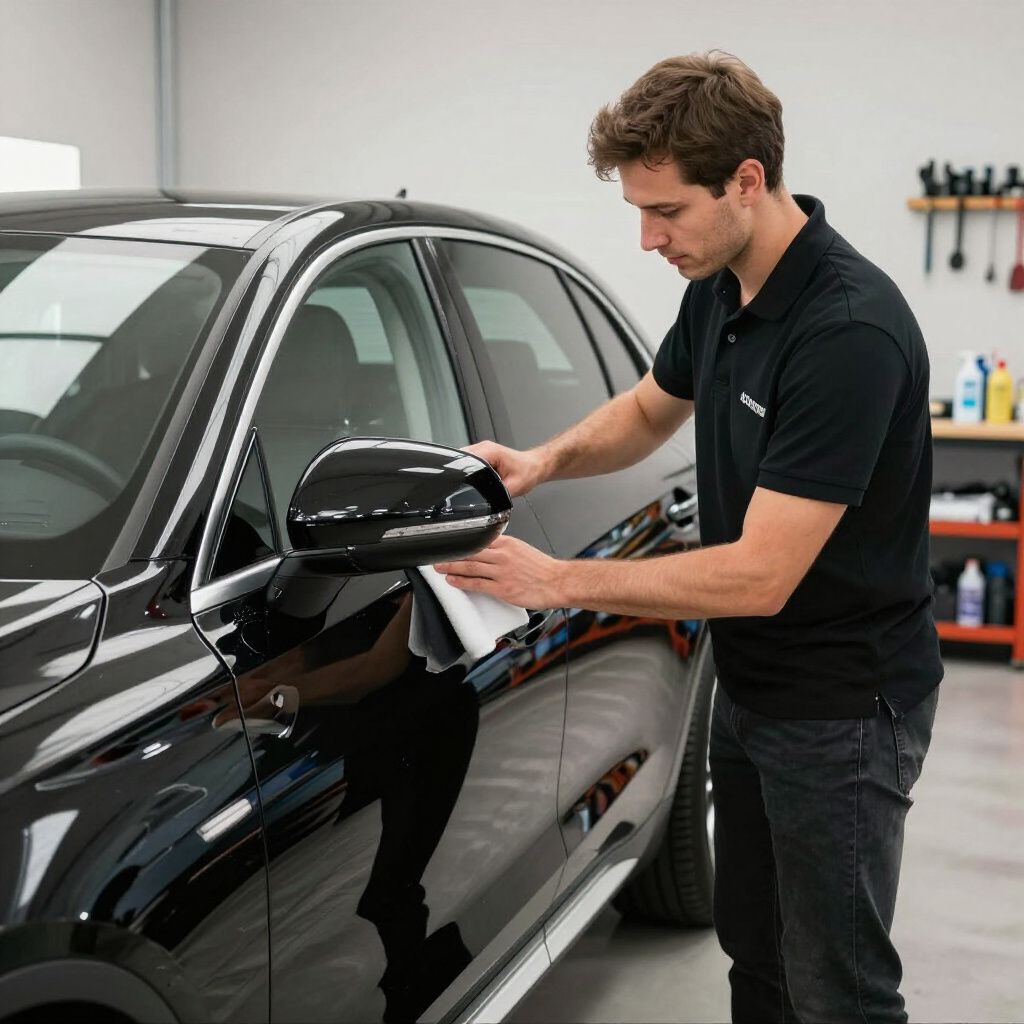 Man wiping a black car's side mirror in a workshop.