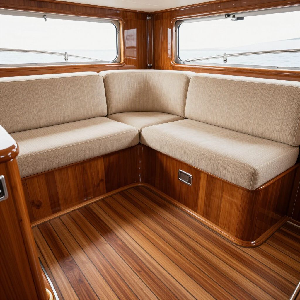 Interior of a boat with a wood floor, wooden trim, and beige cushioned seating.