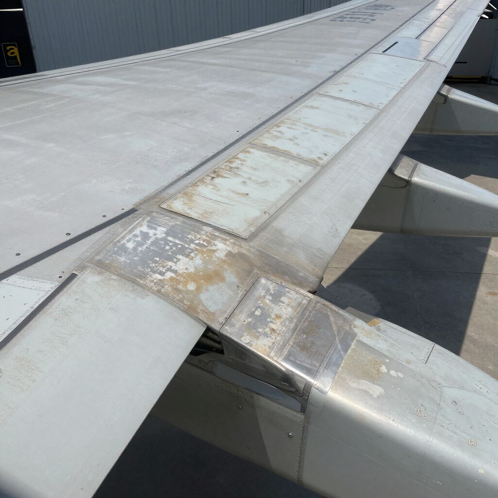 Aircraft wing with weathered metal panels and peeling paint.