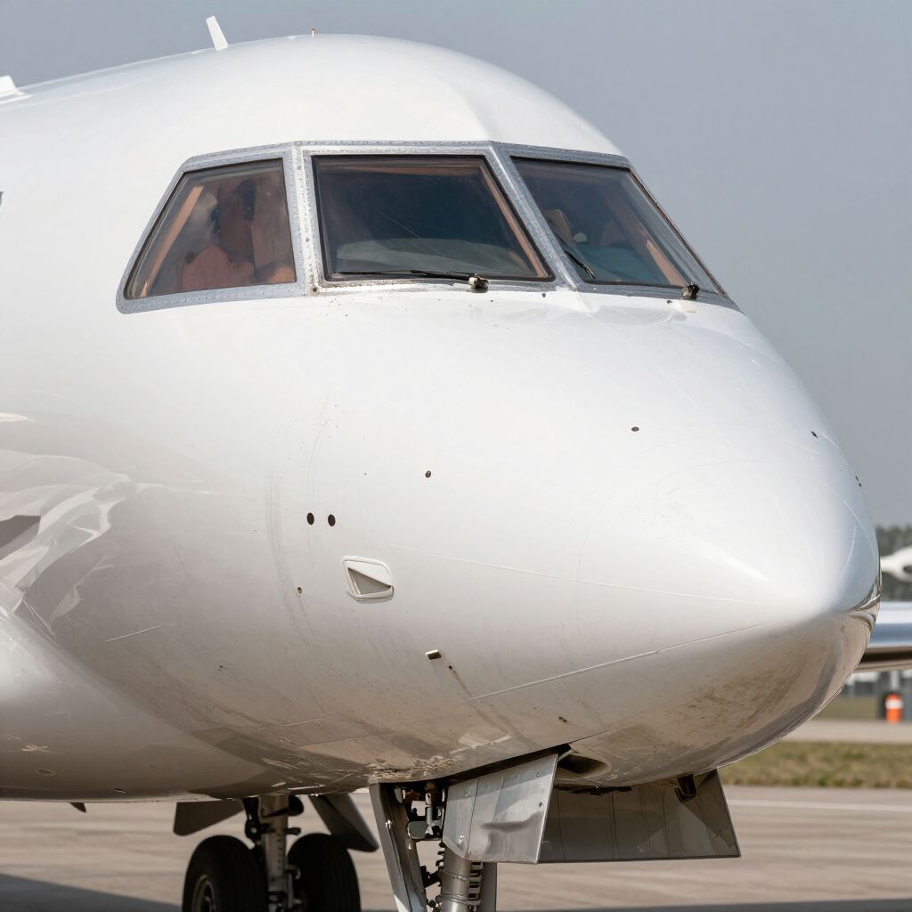 White airplane nose and cockpit, parked on tarmac.