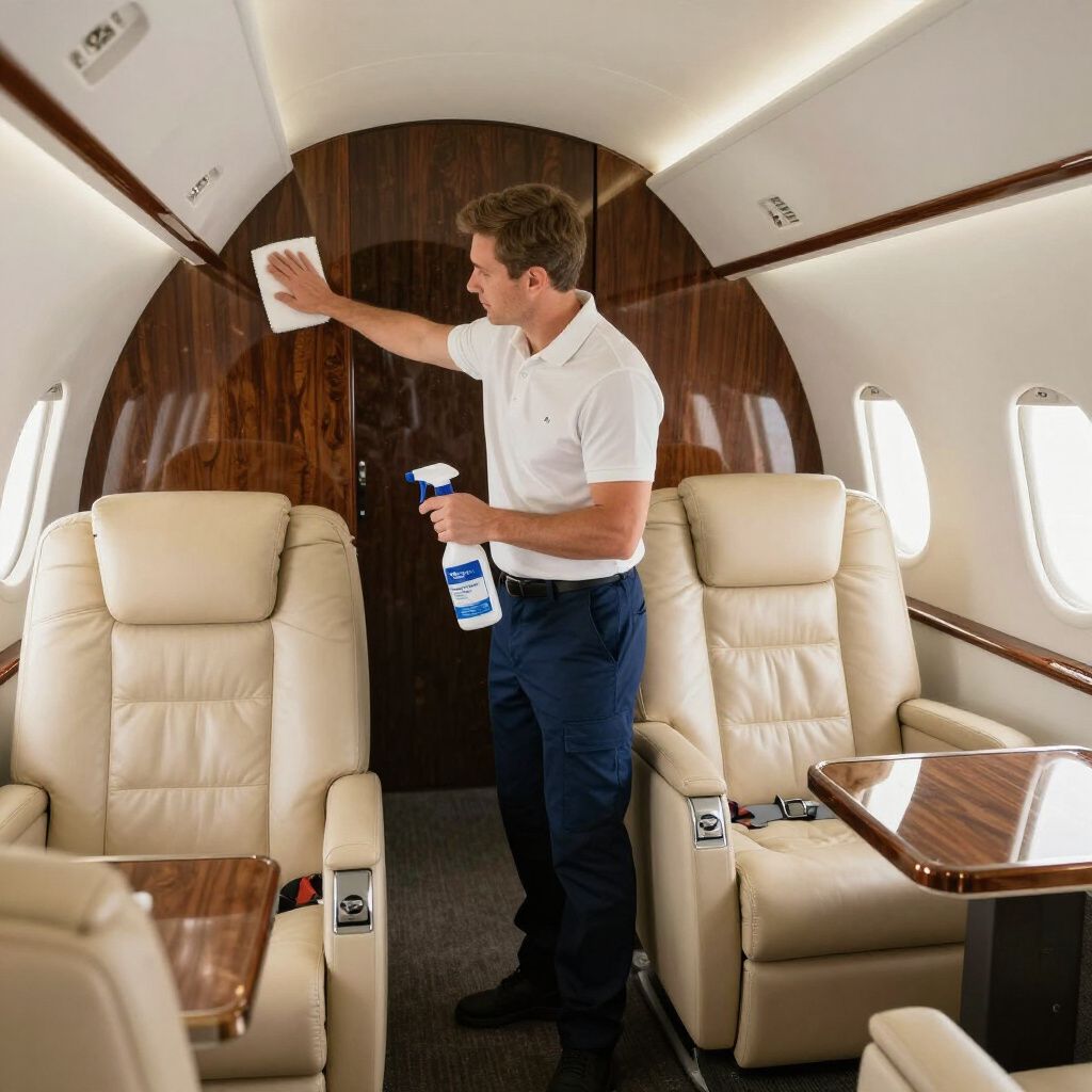 Man cleans the interior of a private jet with a spray bottle and cloth.