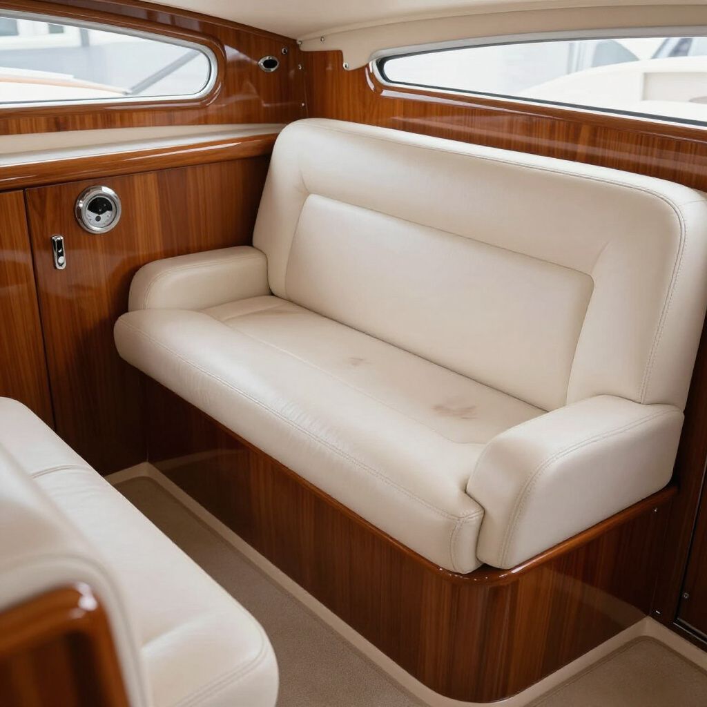 Boat interior with a cream-colored leather bench seat and wooden paneling.