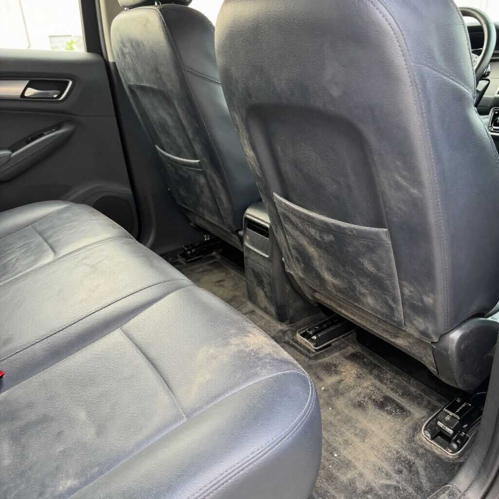 Dirty car interior with black leather seats, floor covered in dirt.