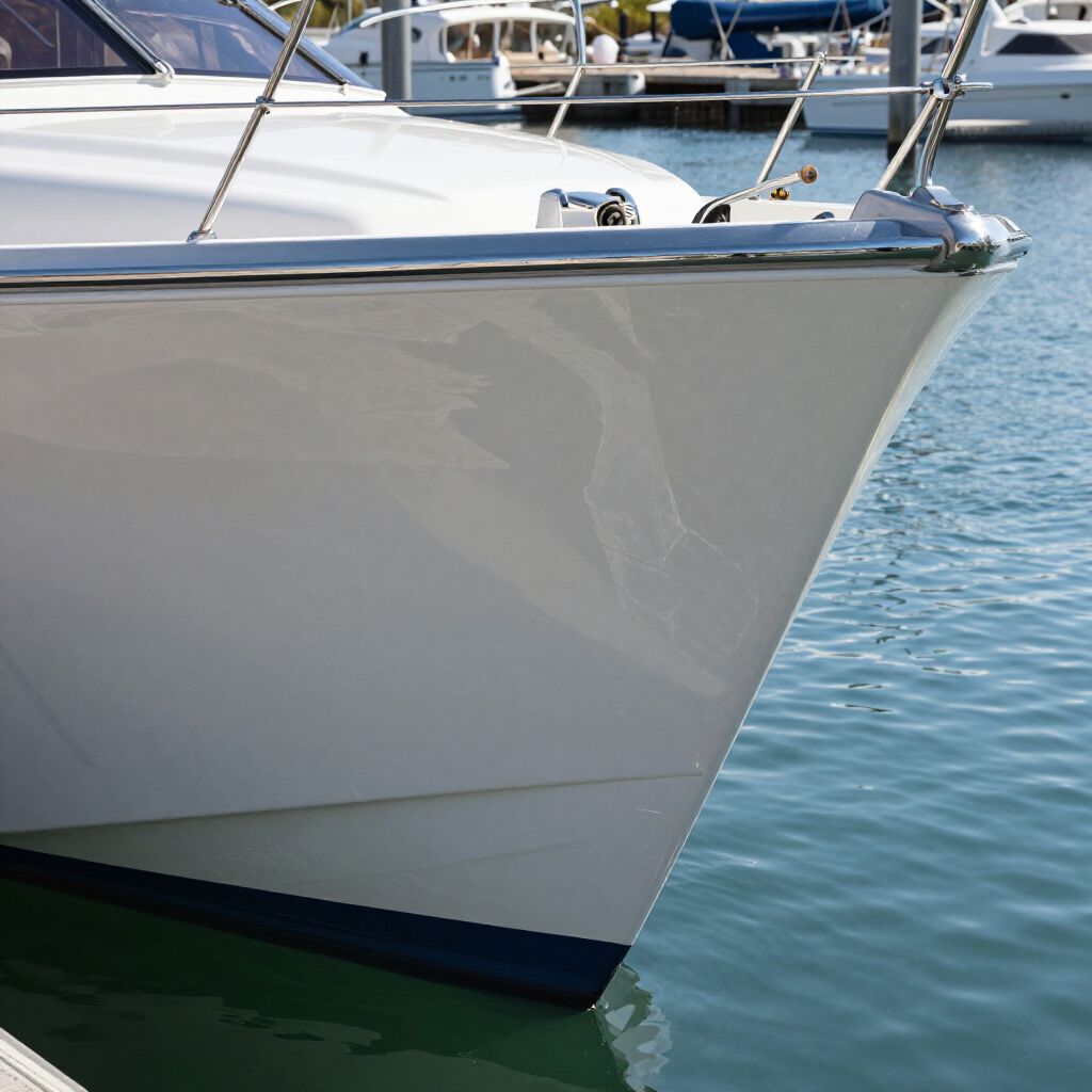 White yacht bow with blue trim in a marina, reflecting the sky and water.
