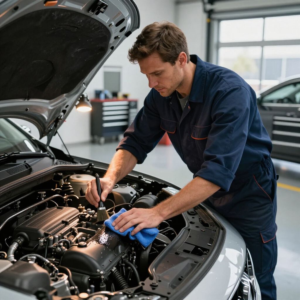 Mechanic in blue jumpsuit cleaning car engine in a garage.