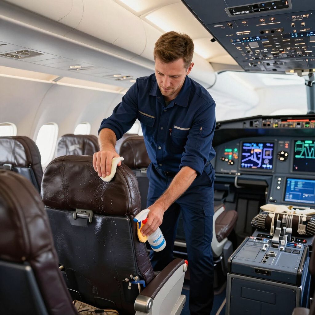 Aircraft cabin cleaner disinfecting a seat with spray and cloth. Cockpit interior visible.