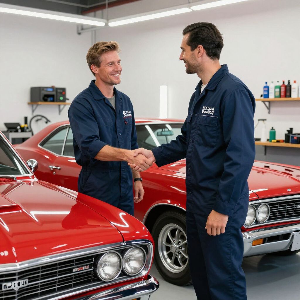 Two mechanics shaking hands near red classic cars in a garage.