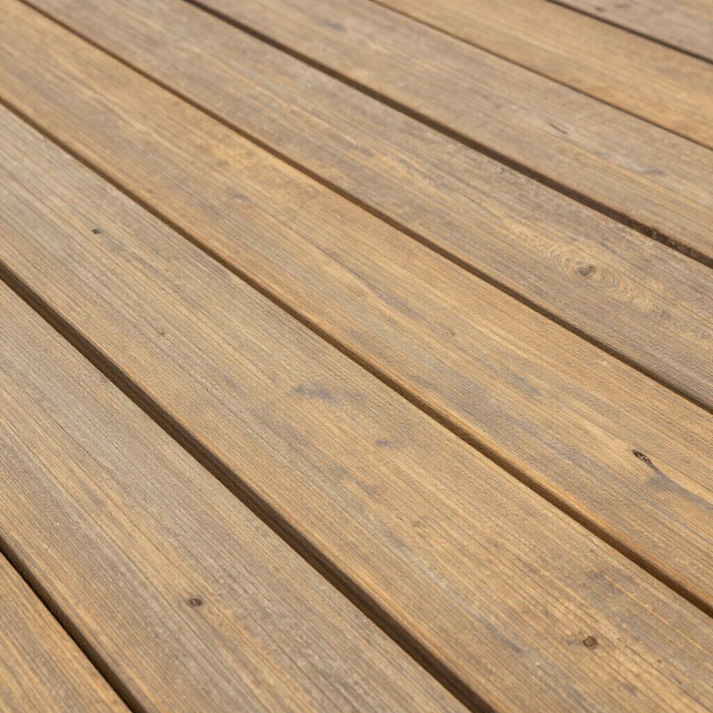Wooden deck with parallel planks, varying shades of brown.