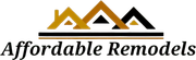 Logo for Affordable Remodels: Three overlapping house shapes in gold, brown, and black above black text.