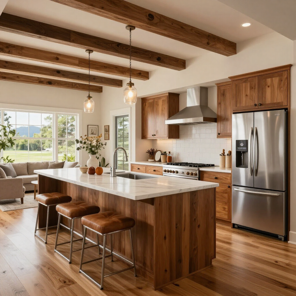Bright modern kitchen with wood beams, large island, stainless appliances, and three bar stools