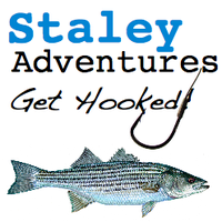 Logo for Staley Adventures showing a striped bass fish and a fishing hook, with the text "Get Hooked".