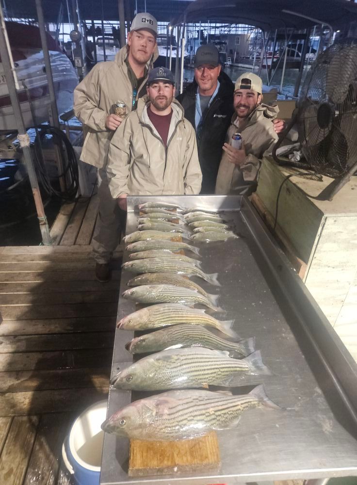 Four people stand behind a metal table displaying a catch of striped fish on a boat dock.