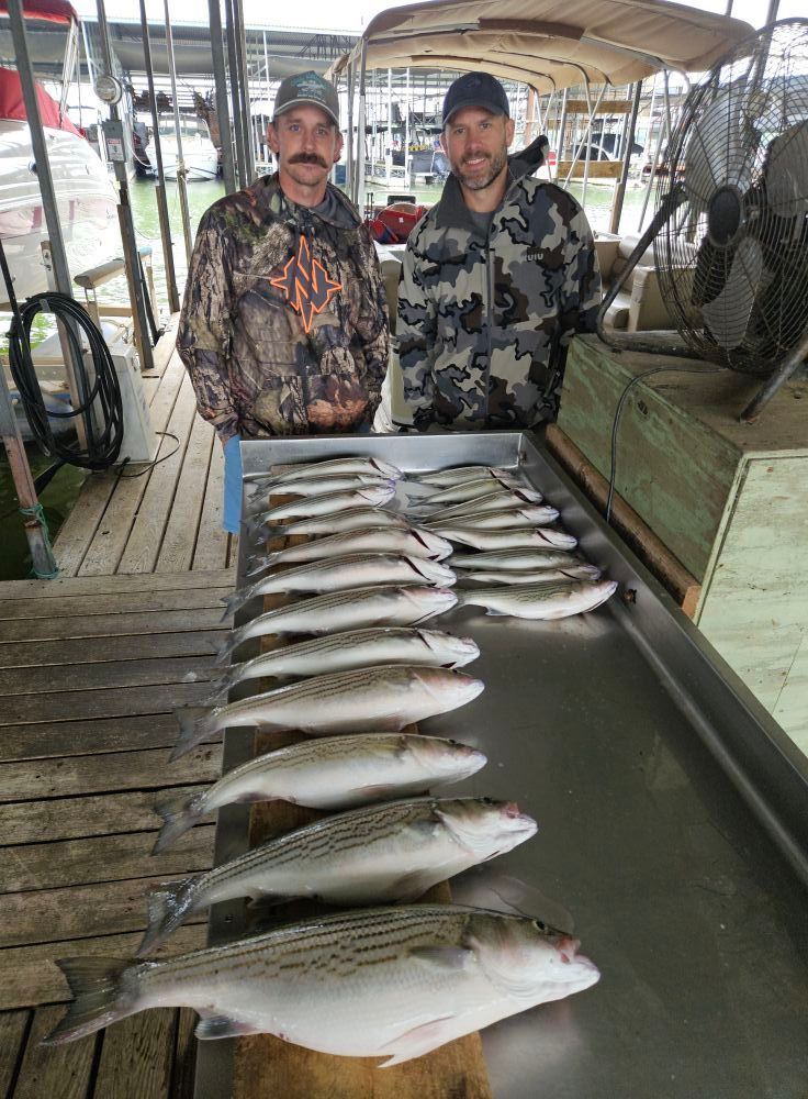 Two people in camouflage jackets stand behind a metal cleaning table with a row of fresh, striped fish on a dock.