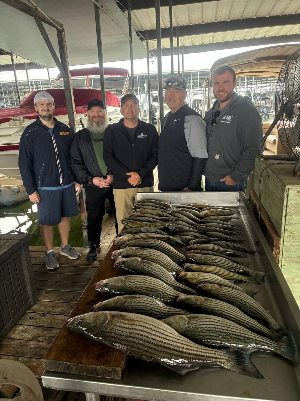 Five people stand behind a large metal table covered with a catch of striped bass at a boat dock.