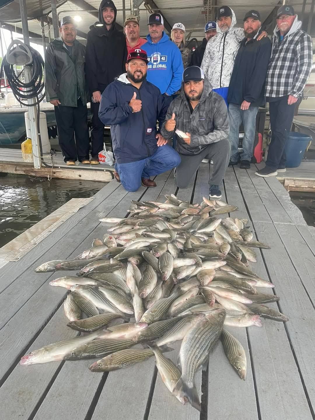 A group of people standing on a wooden dock behind a large pile of freshly caught striped bass.