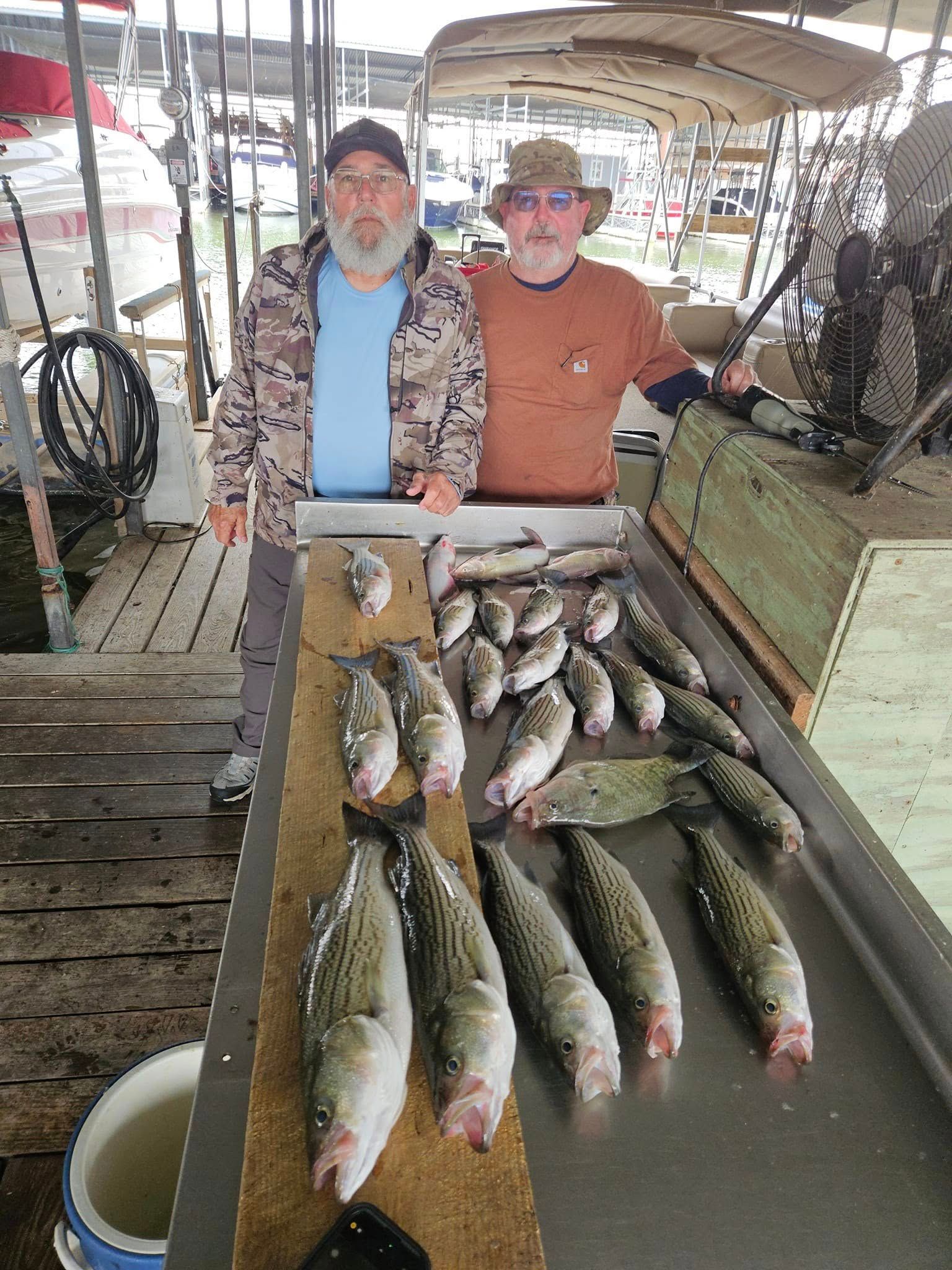Two people stand behind a metal cleaning table displaying their catch of fresh striped bass at a boat dock.