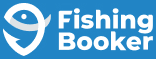 Logo for FishingBooker featuring a white fish icon inside a location pin shape on a blue background.