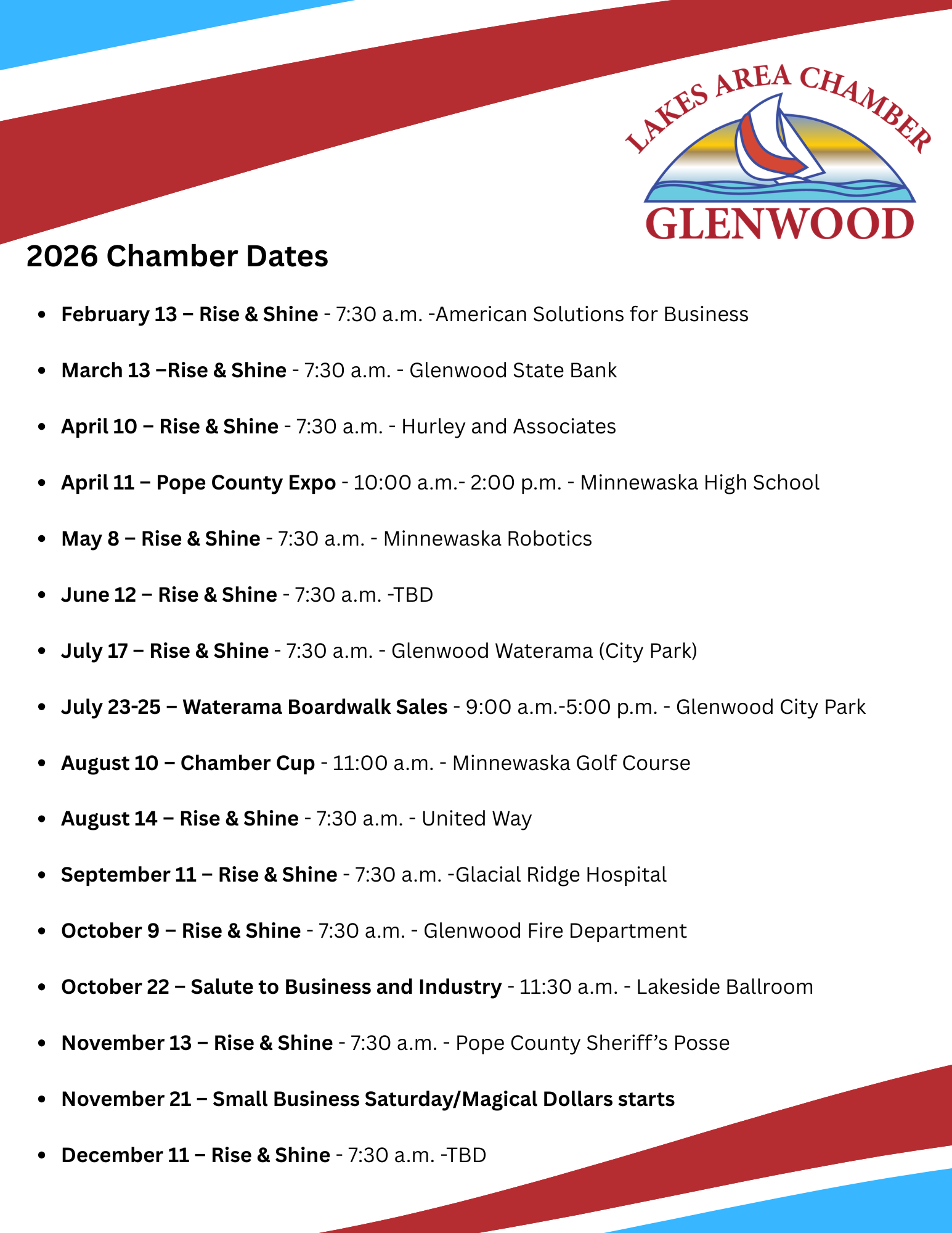 2025 Glenwood Welcome Center Calendar of Events. Text over photos of park events.