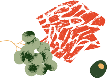 Illustration d'une tranche de charcuterie, d'une grappe de raisin et d'une olive