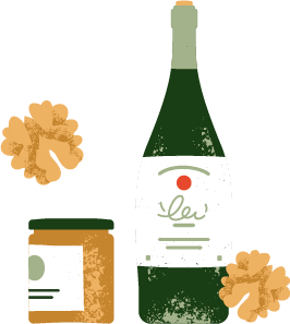 Illustration d'une bouteille de vin, d'unne confiture et d'une pâte