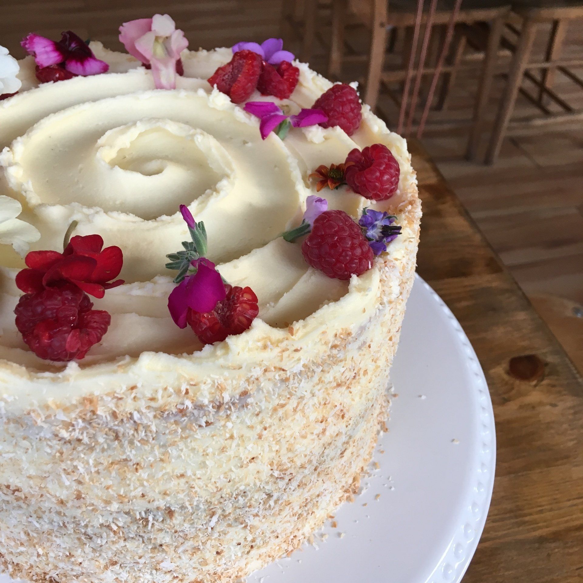 Raspberry white chocolate and coconut cake GF