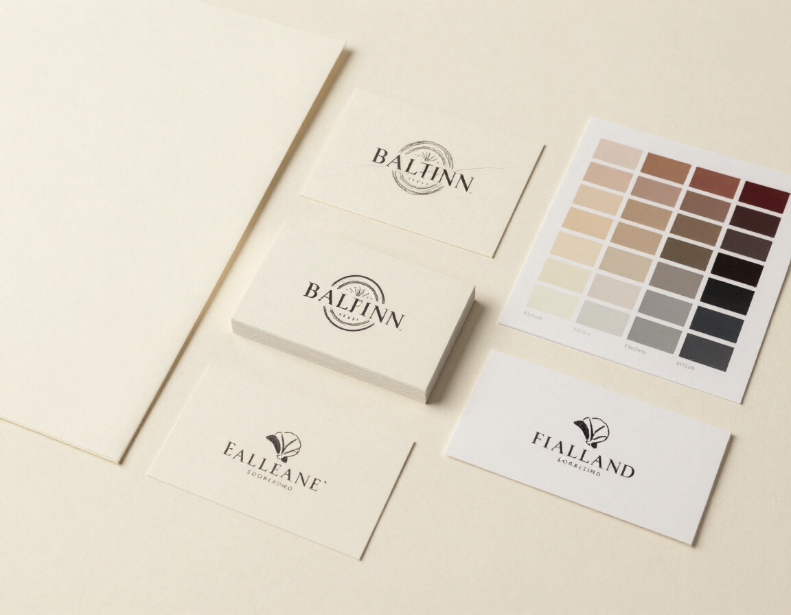 Brand identity flat lay with logo sketches and palette