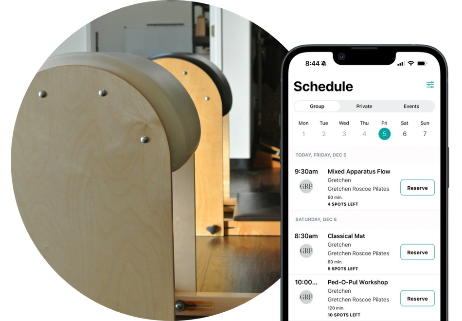 Online scheduling for group & Pilates private Pilates sessions. Two Gratz ladder barrels used for classical Pilates.