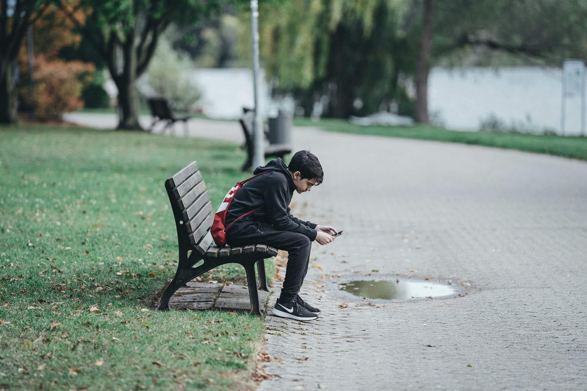 A young man is sitting on a park bench looking at his phone.