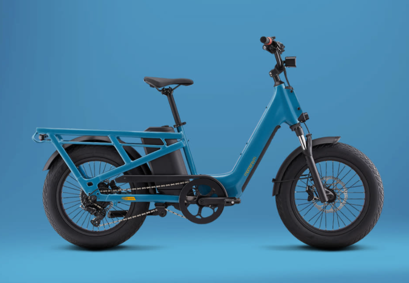 A teal-colored e-bike with a large rear cargo rack and thick tires set against a solid light blue background.