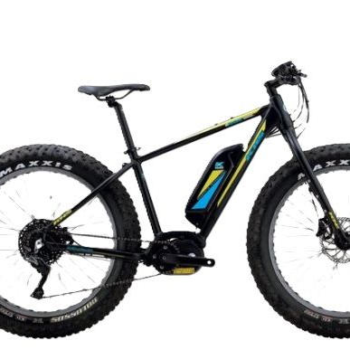 A black electric fat-tire mountain bike with yellow and blue frame accents, side-profile view on a white background.