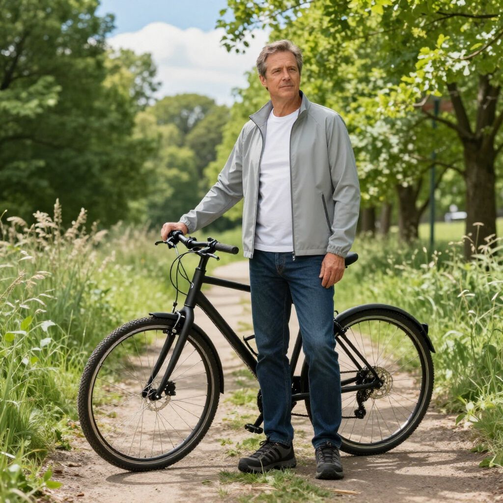 A person standing on a dirt path next to a black bicycle, wearing a gray windbreaker, white t-shirt, and blue jeans.