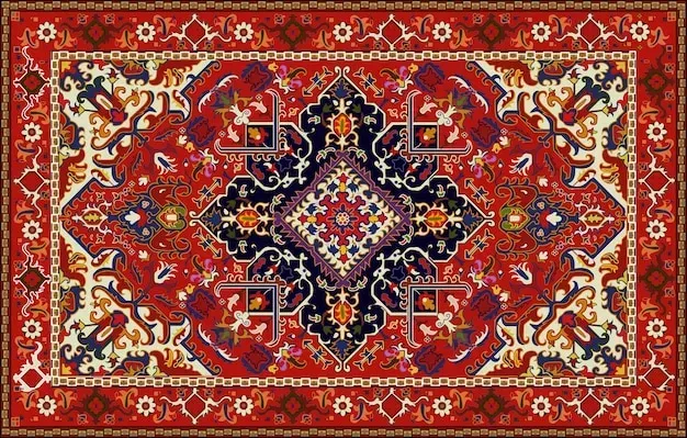 A red and blue rug with a floral pattern on it