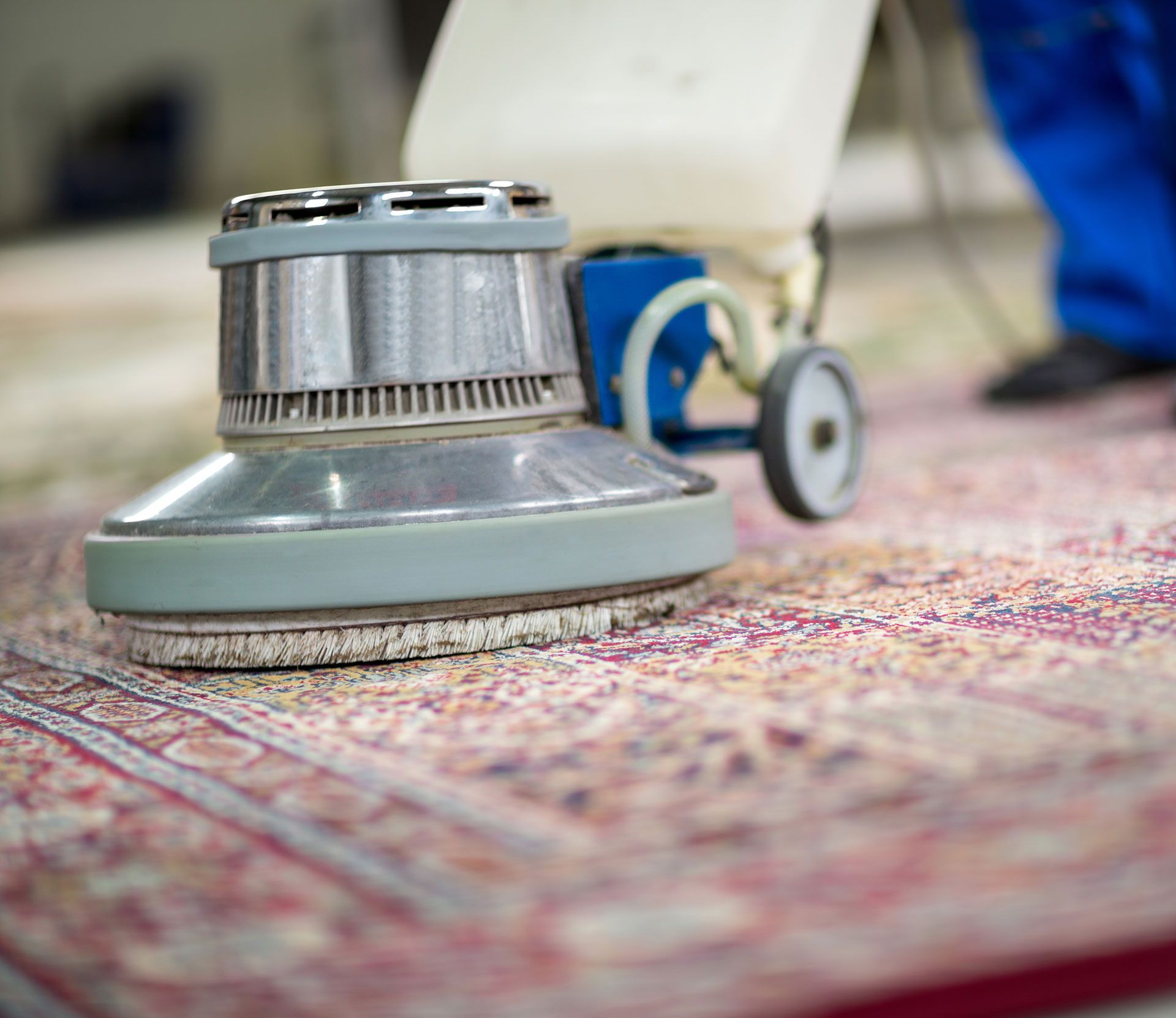 A person is cleaning a rug with a machine.
