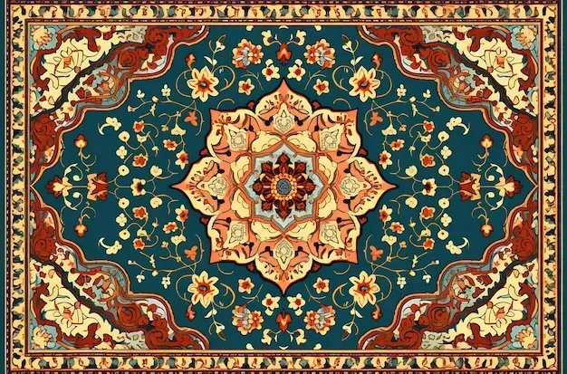 A blue rug with a floral pattern on it
